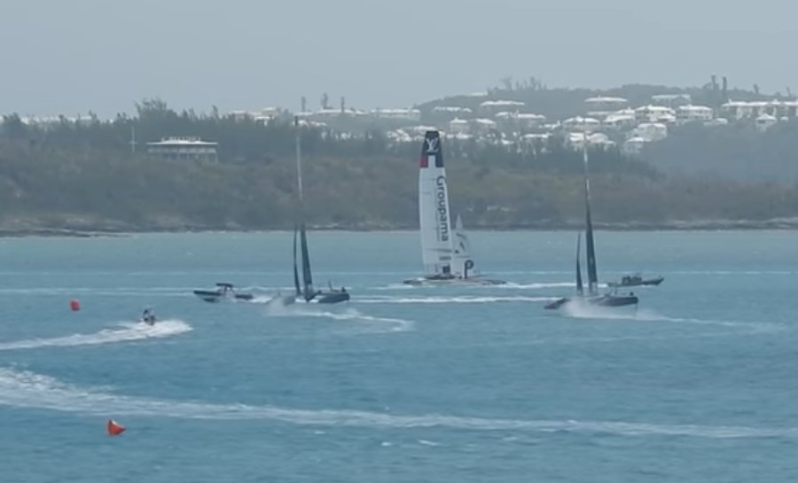 Youth America's Cup chase boat cuts in front of Artemis during practice race, 6 April 2017 - MyislandhomeBDA