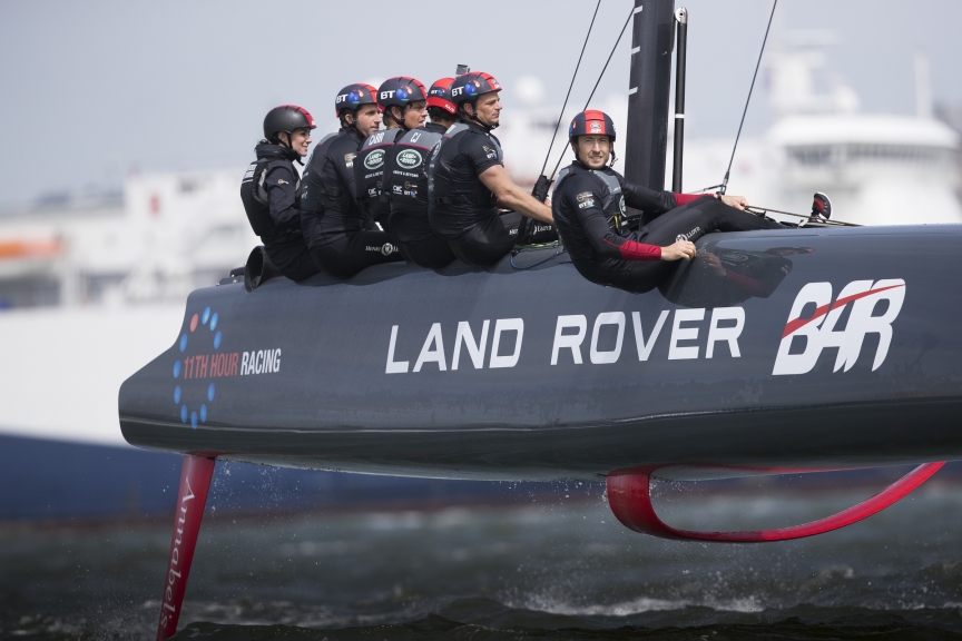 Flying on T1. Maybe the team was training on T1 to get ready for the AC World Series in Chicago - it is close to the configuration of an AC45, with tiller steering, crew sitting on the hull and no grinding pedestals. All photos in this article by Lloyd Images.