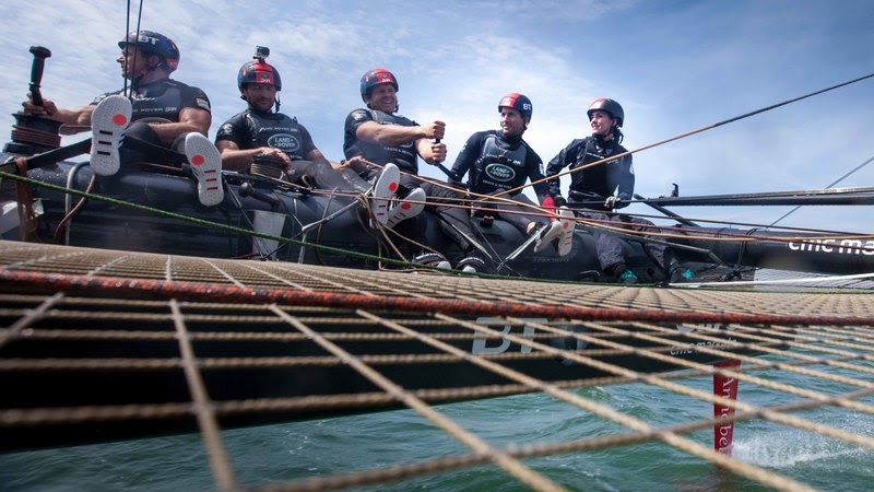 The Duchess of Cambridge takes the helm on Land Rover BAR's T1. (L-R) Nick Hutton, Paul Campbell-James, David Carr, Sir Ben Ainslie, The Duchess of Cambridge