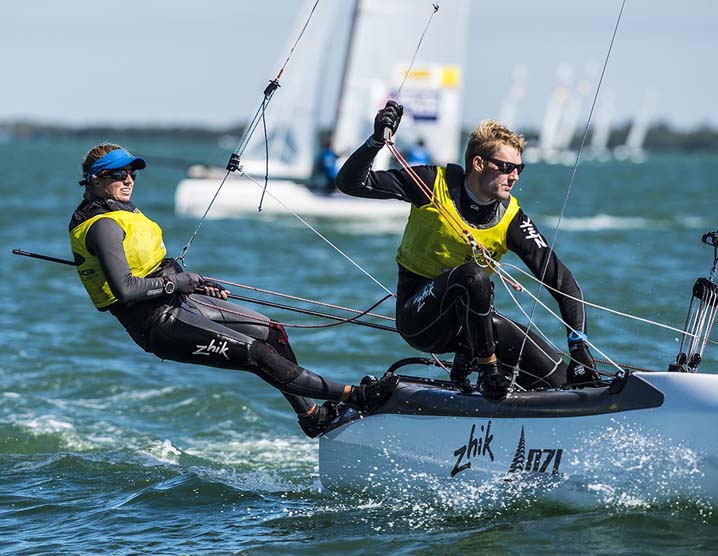 Gemma Jones and Jason Saunders (NZL 222), Nacra 17. (Image Credit: Walter Cooper)