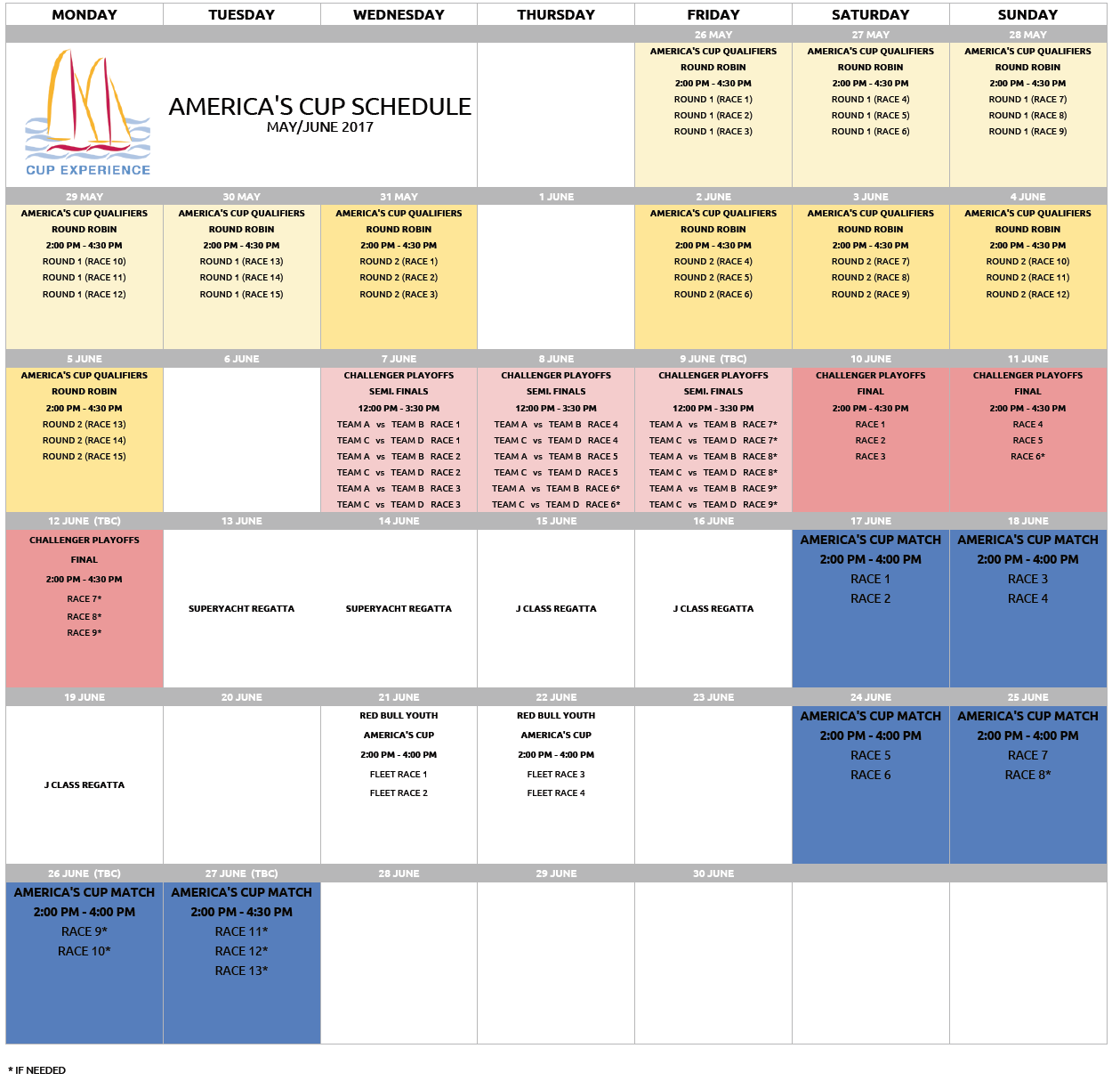 Original America's Cup 2017 Race Calendar 