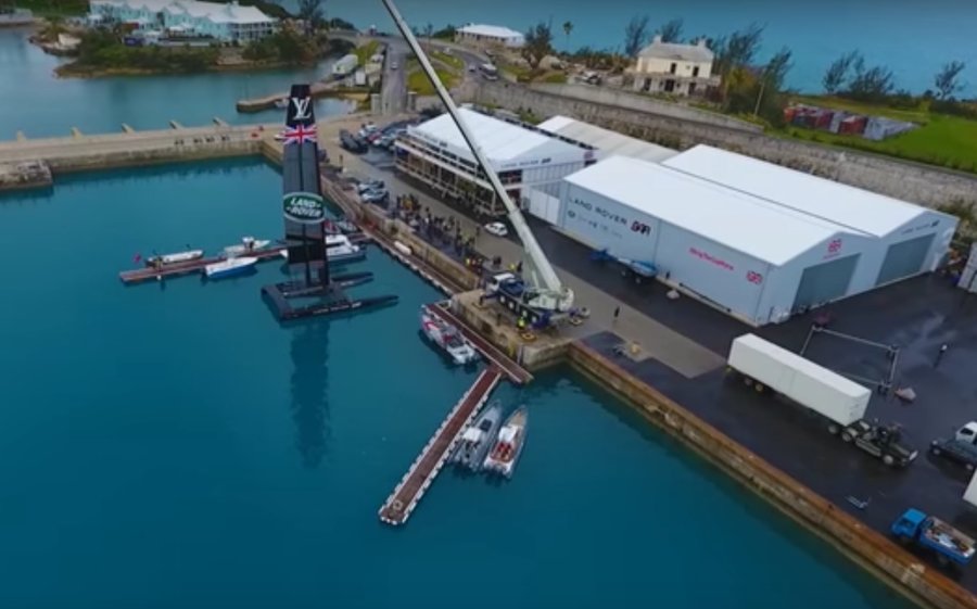Aerial view of Bermuda base America's Cup challenger Land Rover BAR, led by Ben Ainslie.