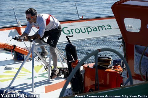 America's Cup skipper Franck Cammas using bicycle grinder on offshsore singlehanded multihull.