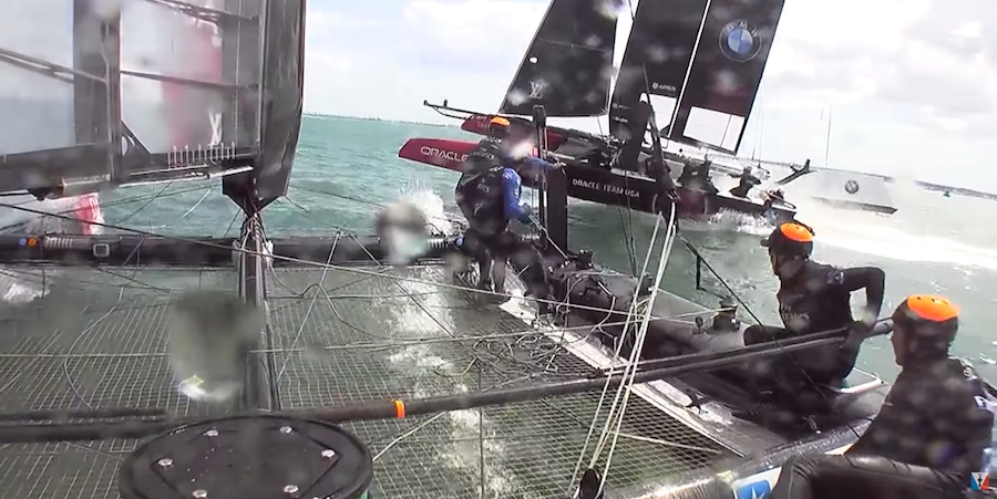America's Cup View from on board Emirates Team New Zealand during the incident at Mark 6 in Race 1. You can see that ETNZ is still on starboard gybe, but Peter Burling has pulled the helm to gybe. 