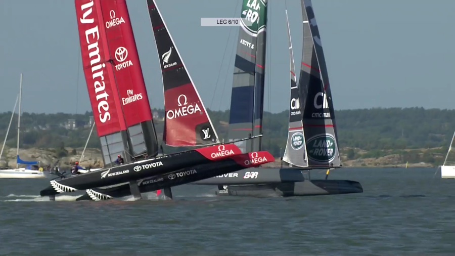 America's Cup Land Rover BAR used their Code Zero to pass Emirates Team New Zealand at the finish on Race 2 on Saturday.