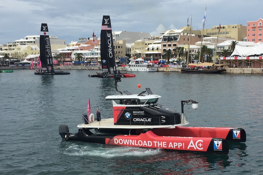 America's Cup The Spirit of Bermuda, a three-masted Bermuda sloop, moored in front of the VIP Lounge and just to the right of Oracle