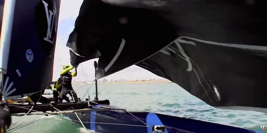 America's Cup Artemis Racing had bad luck when their code zero halyard lock released in Race 2. They lost time as they struggled to get the sail under control and on board, dropping to last place in the race and in the event.