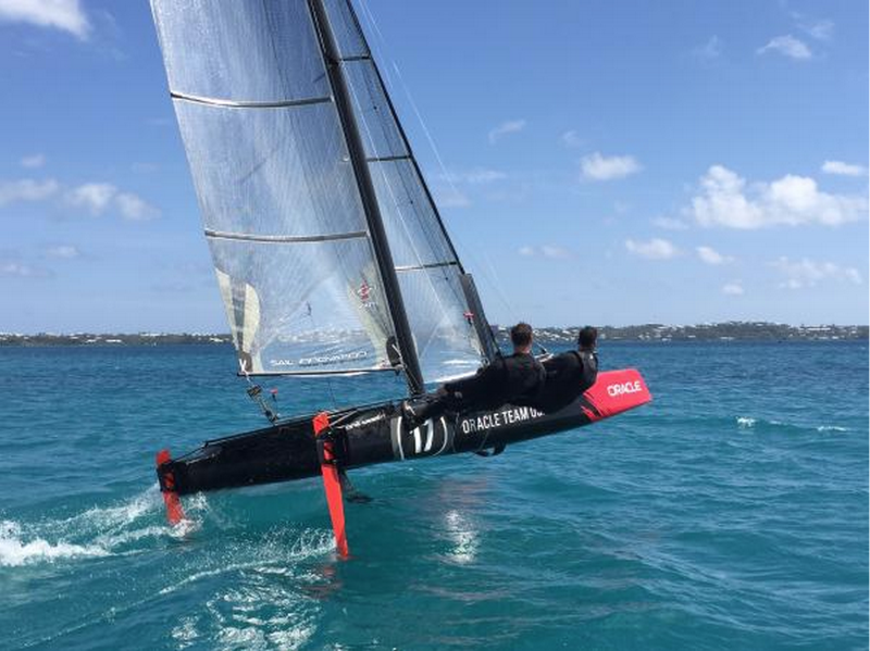 America's Cup Oracle sailors Kyle Langford, Graeme Spence, Joey Newton, Andrew Campbell and Rome Kirby have all been out on the Great Sound in the team's two man Flying Phantom foiling catamarans. Photo: Warren Jones.