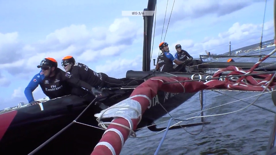 America's Cup tactician Ray Davies and wing trimmer Glenn Ashby both moved far forward leaving helmsman Peter Burling with lots to do