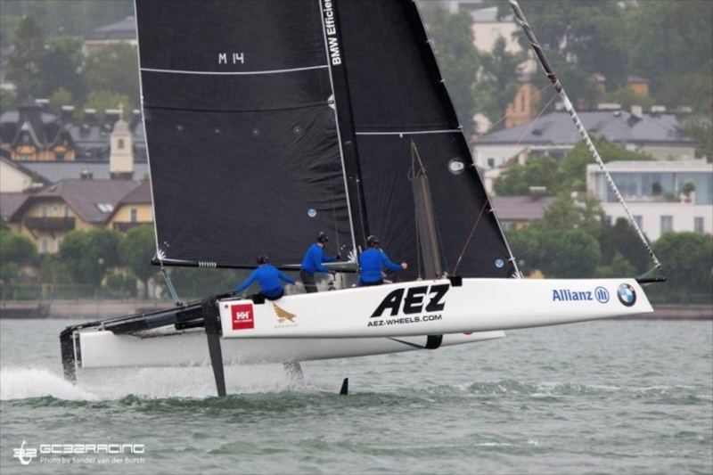America's Cup Oracle Team USA strategist Tom Slingsby and wing trimmer Kyle Langford came in third in the Austria Cup in foiling GC32's.