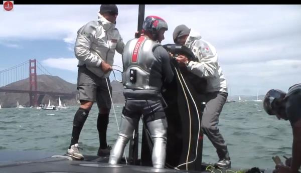 America's Cup Luna Rossa attempts to fix daggerboard before race 1. Image ACTV