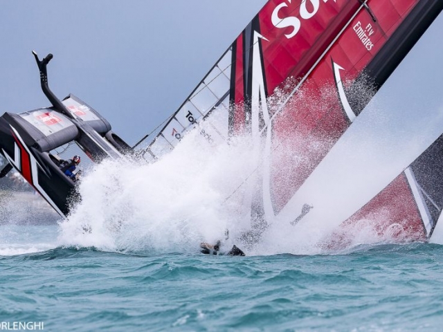 Team New Zealand pitchpoled at the start of Race 4 against BAR in the America's Cup Challenger semi-finals - Image: Studio Borlenghi