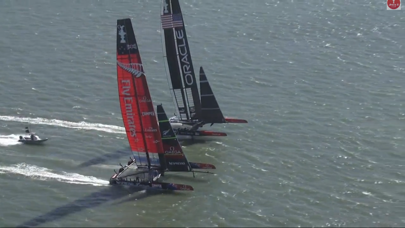 America's Cup Look carefully at USA: hydrofoiling as they sail over NZL.